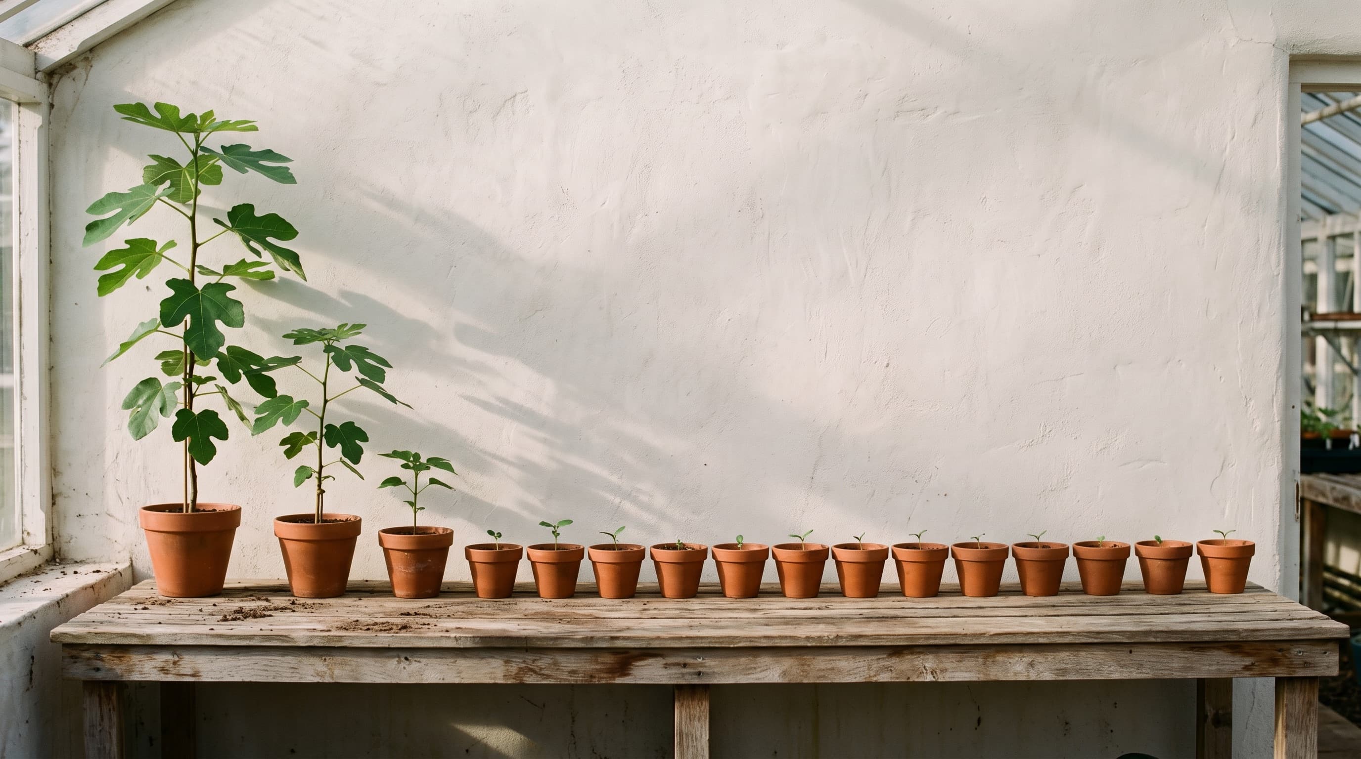 One tall fig on a potting bench, and a long row of seedlings