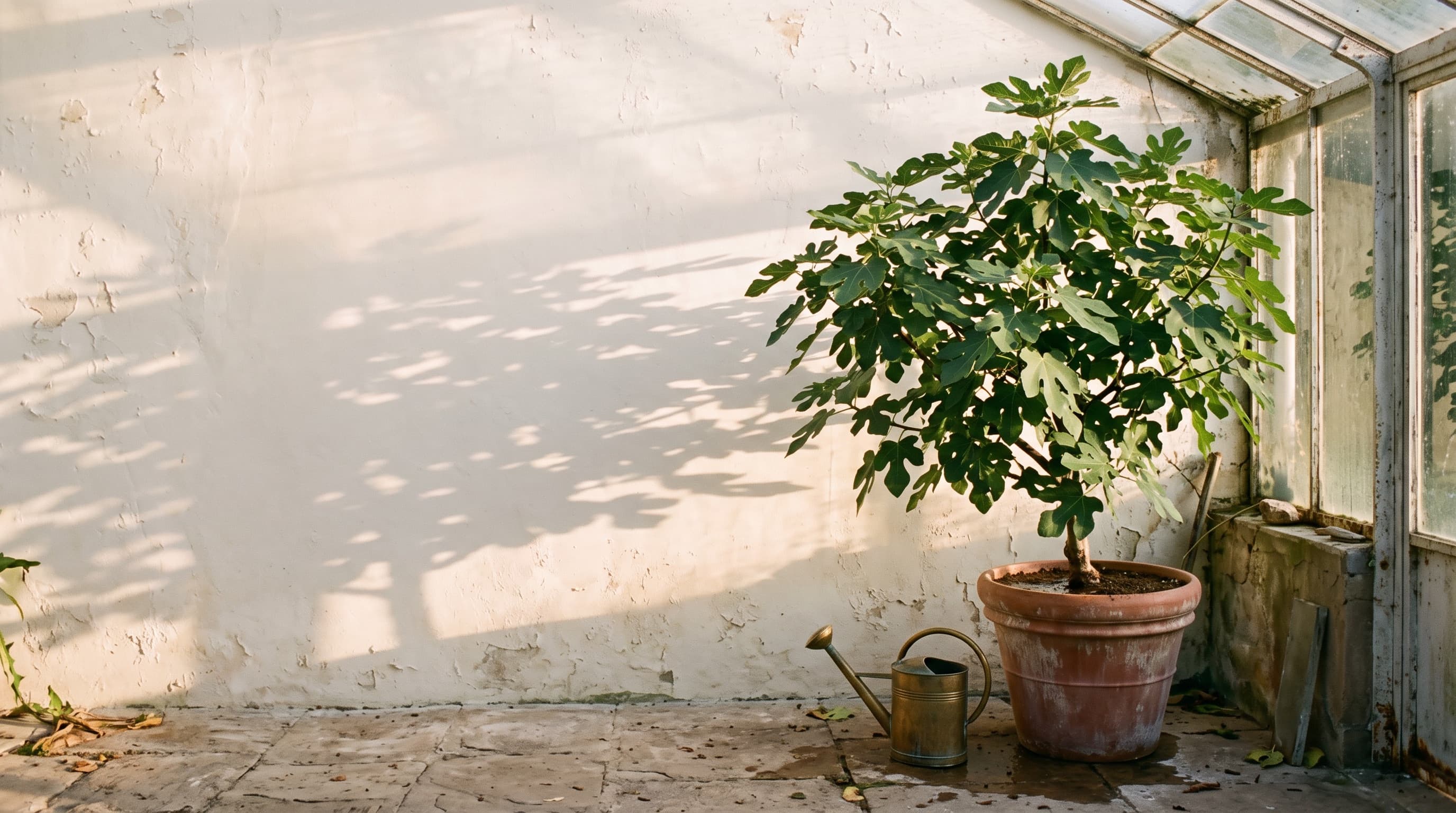 A full-grown fig tree in a terracotta pot, freshly watered, in late light