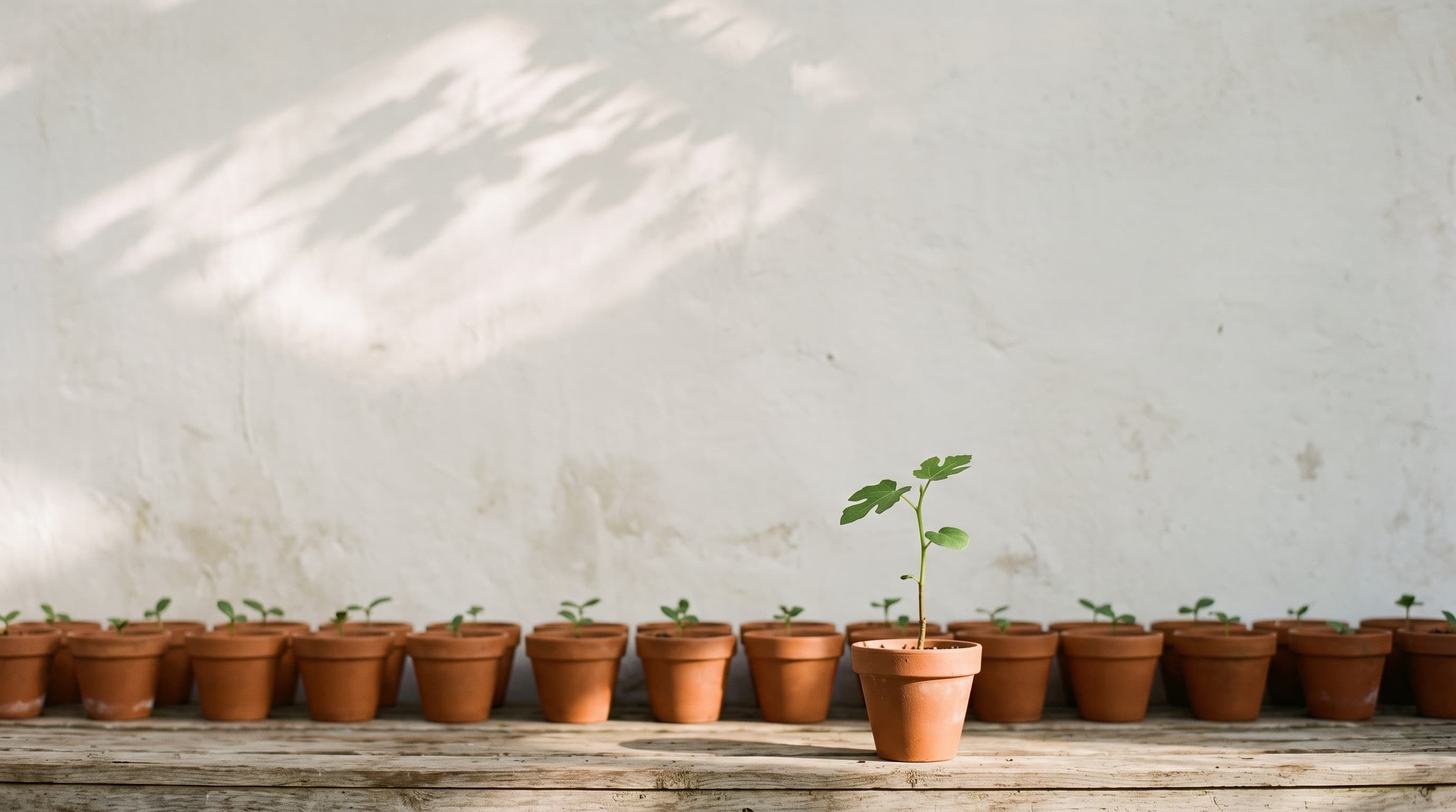One seedling on a bench of identical pots, taller than the rest and in the light