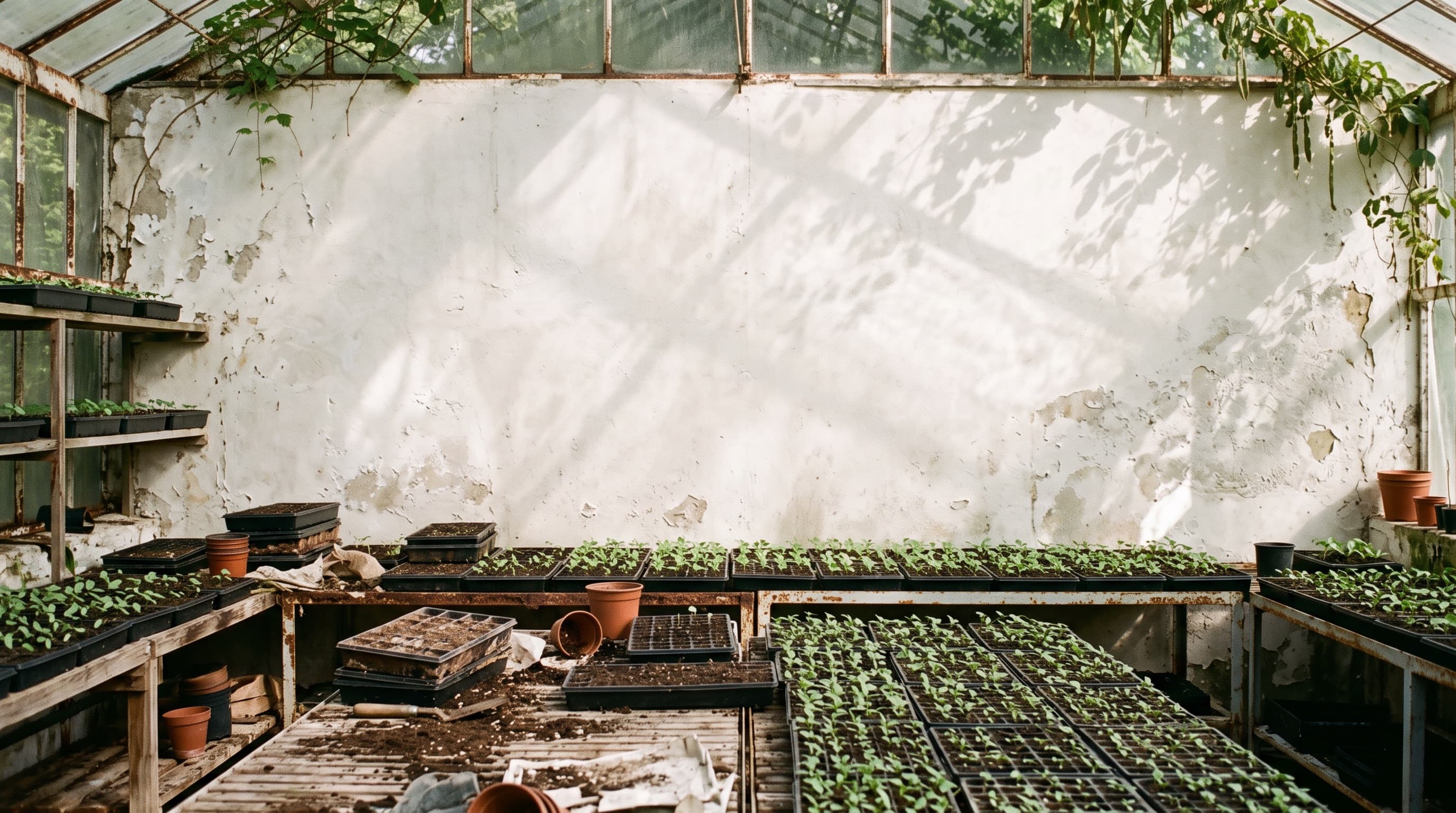 Benches crowded with hundreds of identical seedlings