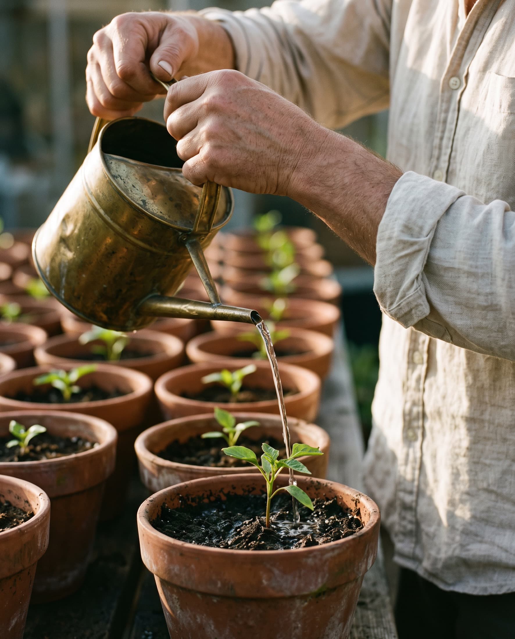 Hands tilting a brass watering can over one sapling in a row of seedlings